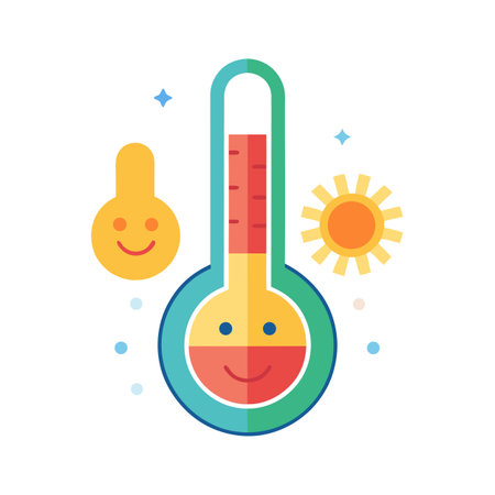 Summer Heat Cartoon Thermometer Icon Indicating High Temperature with Smiling Face and Sunshineのイラスト素材
