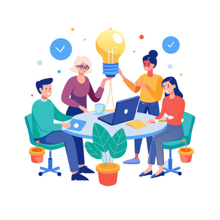 Diverse Team Collaborating on Innovative Idea, Meeting Around Table with Laptop and Lightbulbのイラスト素材