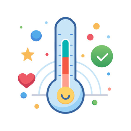 Flat vector design showing a thermometer with rising level and surrounding abstract iconsのイラスト素材