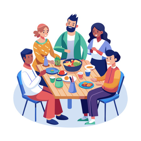 Diverse group enjoying a meal together around a table in a flat vector illustrationのイラスト素材