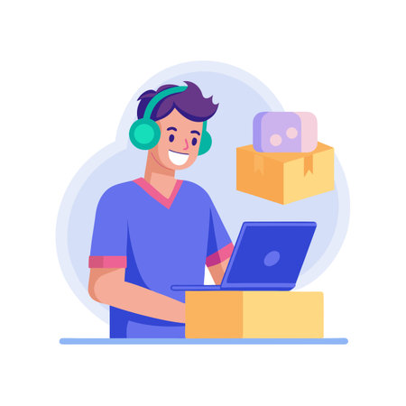 A young entrepreneur manages online orders and logistics from home, using a laptop.のイラスト素材