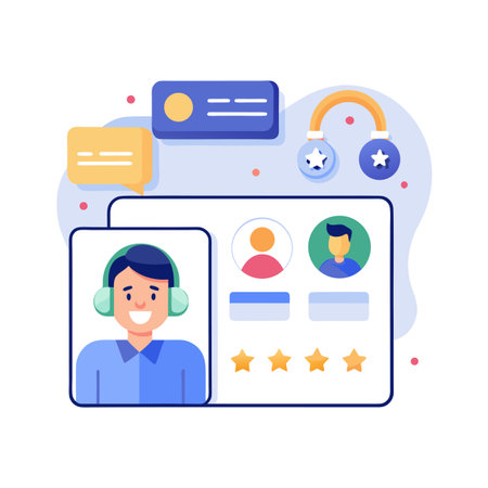 Online Customer Support Illustration with Headset and Feedback Ratings, Flat Designのイラスト素材