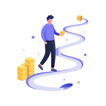 Conceptual illustration of a man walking along a path towards goals, overcoming obstaclesのイラスト素材