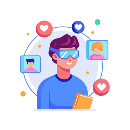 Man wearing VR glasses interacts with profiles and social media in a virtual worldのイラスト素材