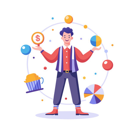 Man Juggling Finance and Data Balls Illustration - Business Acumen, Flat Styleのイラスト素材