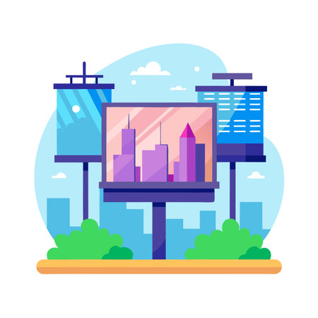 Flat Vector Cityscape Illustration Featuring Billboards and Distant Buildingsのイラスト素材