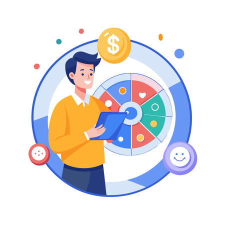 Financial goals illustration showing a man analyzing performance using a tablet device and pie chart diagramのイラスト素材