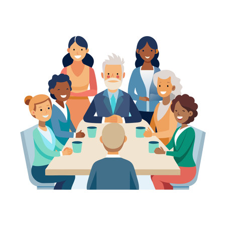 Diverse team meeting around a conference table with drinks in a flat design styleのイラスト素材