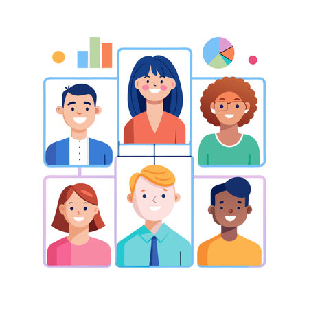 Diverse Teamwork and Data Analysis Concept with Flat Style Illustrationsのイラスト素材