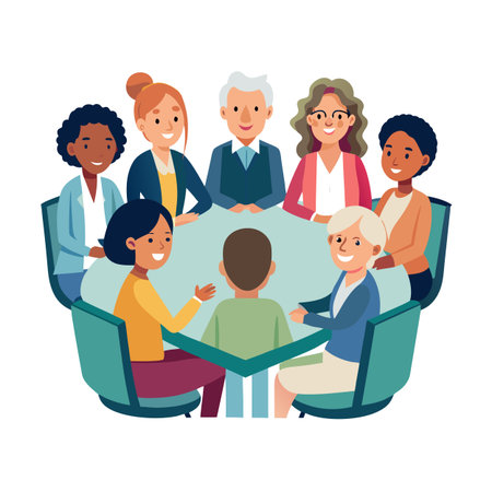 Diverse Team Meeting: Collaborative Discussion Around a Table with Varied Professionalsのイラスト素材