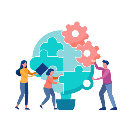 Teamwork concept illustration: People assembling a light bulb made of puzzle pieces and gearsのイラスト素材