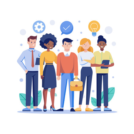 Diverse team standing together with business icons representing teamwork, innovation and goal achievementのイラスト素材