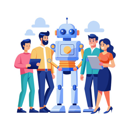 Robot and Team Collaboration: A Flat Vector Illustration of Future Technology in Businessのイラスト素材