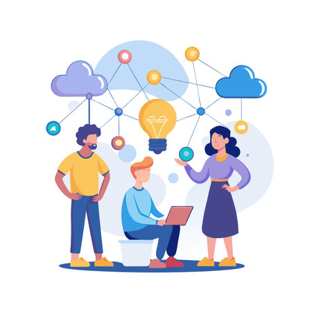 Teamwork and Innovation: Collaborative Team Brainstorming with Connected Cloud Network for Creative Solutionsのイラスト素材