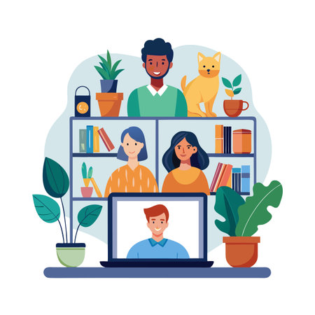 Virtual meeting with colleagues showcased with laptop and illustrated characters in a stylized settingのイラスト素材