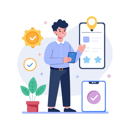 Man with Tablet Standing Next to Checklist and Gear Icon for Project Managementのイラスト素材