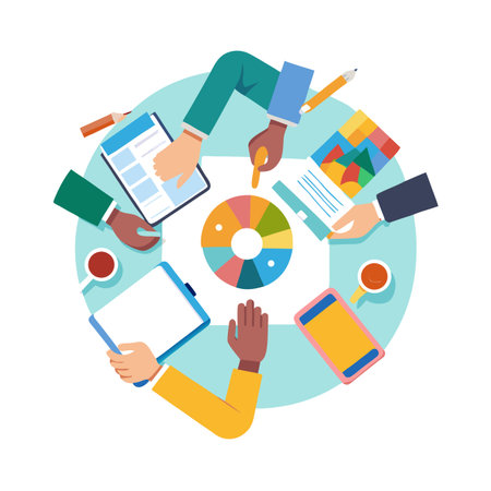 Diverse Team Collaboration: Hands Around a Table with Charts, Clipboards, and Coffee Cupsのイラスト素材