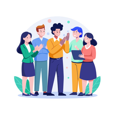 Flat vector illustration of diverse business team congratulating each other with applauding for achievementのイラスト素材