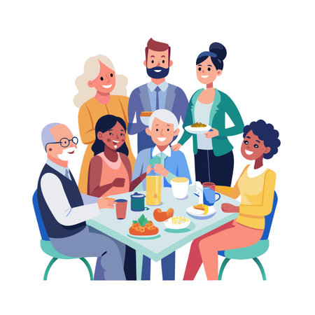 Diverse group of people sharing a meal together at a table in a flat design styleのイラスト素材
