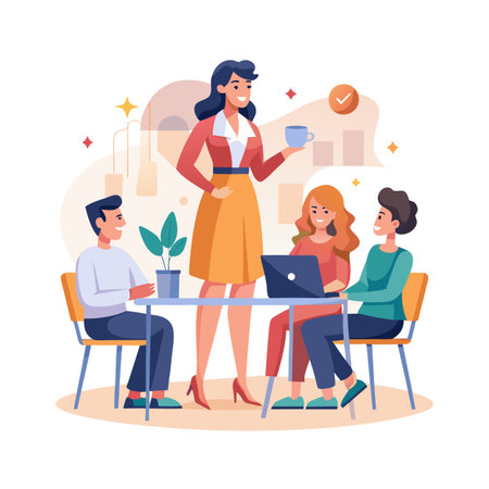 Teamwork in Office: Diverse Group Collaborating Around Table, Laptop, and Relaxed Atmosphereのイラスト素材