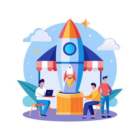 Teamwork and launch concept illustration with rocket, clouds and stars, vector for startupのイラスト素材