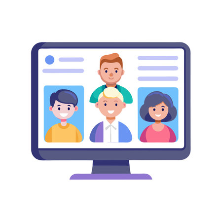 Online meeting concept with happy diverse team on computer screen, flat vector illustrationのイラスト素材