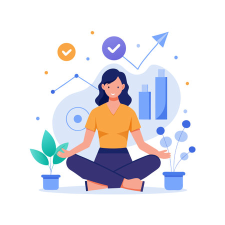 Woman Meditating for Business Growth, Graph and Plants in Flat Vector Styleのイラスト素材