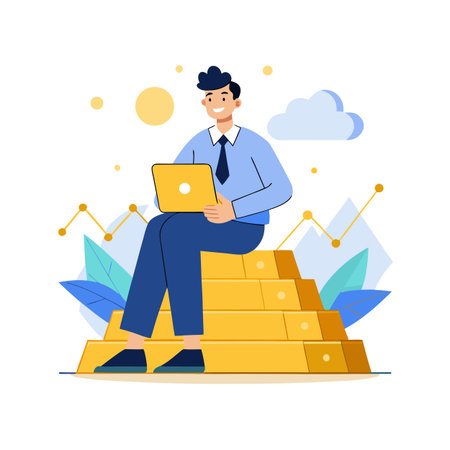 Businessman sitting on gold bars with laptop symbolizing success and financial growth, investment opportunityのイラスト素材