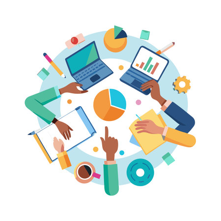 Flat Illustration of Teamwork with Laptops and Charts Depicting Business Data and Analyticsのイラスト素材