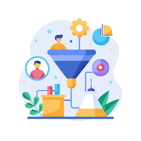 Data funnel illustration showing conversion of users into leads with data analysis elementsのイラスト素材