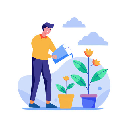 Man watering potted plants in a flat design illustration, gardening and growing conceptのイラスト素材