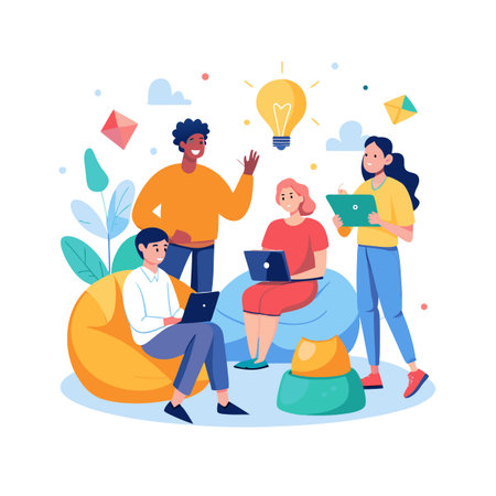 Creative Team Brainstorming Around a Lightbulb Illustration, Sitting Comfortably on Beanbag Chairsのイラスト素材