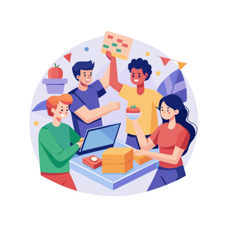 Creative team collaboration and brainstorming session with visual aids in modern workspace illustrationのイラスト素材