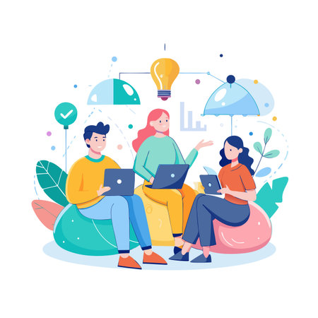 Creative Team Collaboration Brainstorming with Laptops on a Project with a Shared Ideaのイラスト素材