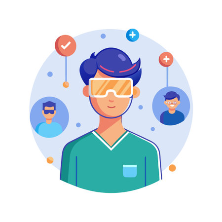 Modern virtual reality illustration of healthcare worker in metaverse with connected avatars.のイラスト素材