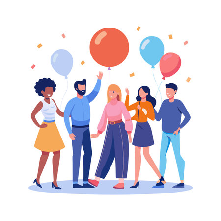 Diverse group of friends celebrating with balloons and confetti, enjoying a cheerful gatheringのイラスト素材