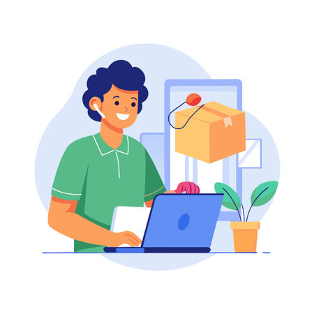Man working on laptop at home with package delivery for online shoppingのイラスト素材