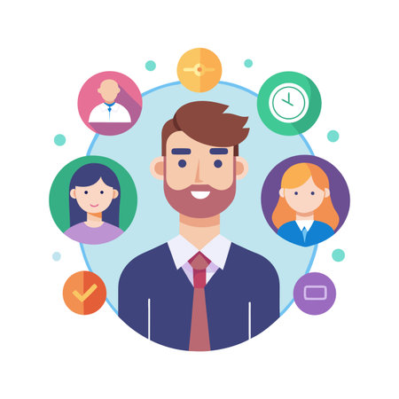 Flat Design Man with Team Circle Icons Depicting Project Management and Collaborationのイラスト素材