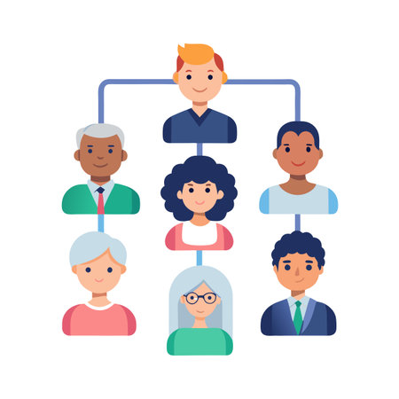 Diverse Team Hierarchy Chart Showing Connections in a Business Structure With Flat Designのイラスト素材
