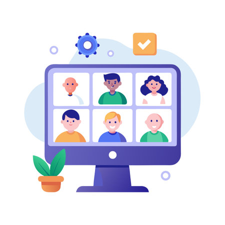 Diverse group video conference displayed on desktop computer screen with flat style designのイラスト素材