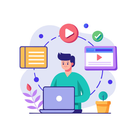 Flat illustration depicting a person working on a laptop surrounded by online elementsのイラスト素材