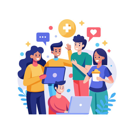 Diverse Team Collaboration with Technology and Social Media Icons in a Vector Illustrationのイラスト素材