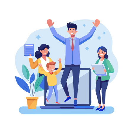 Team celebrates success online, vector illustration of a group in front of a laptop.のイラスト素材