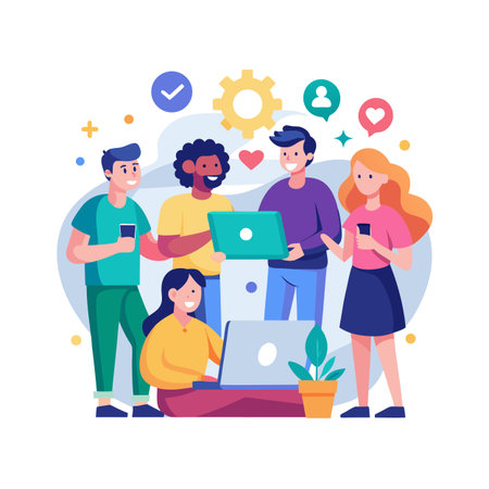 Diverse team collaboration using laptops and smartphones surrounded by tech-related icons in a flat design style.のイラスト素材