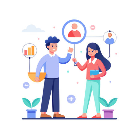 Business Collaboration: Two colleagues discussing data insights with organizational chart, flat vector illustrationのイラスト素材