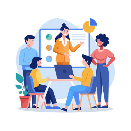 Business meeting presentation with team collaboration for discussing data and business growthのイラスト素材