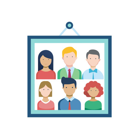 Cartoon portrait of six diverse people in a frame, representing corporate team or family.