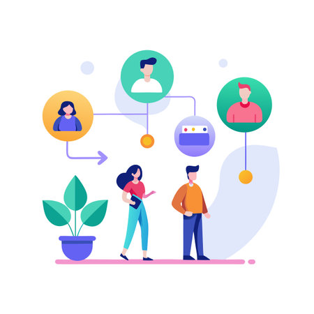Organizational Chart Featuring Diverse Team Members and Workflow in Flat Vector Illustrationのイラスト素材