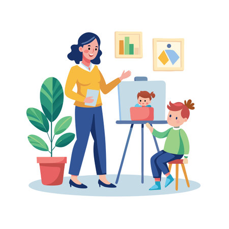 Teacher and Student in Classroom with Easel Flat Vector Illustrationのイラスト素材