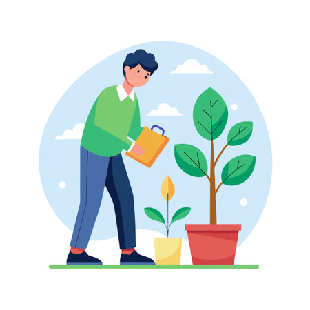 Man Inspecting Houseplants with Notepad in Flat Design Style Gardening Conceptのイラスト素材